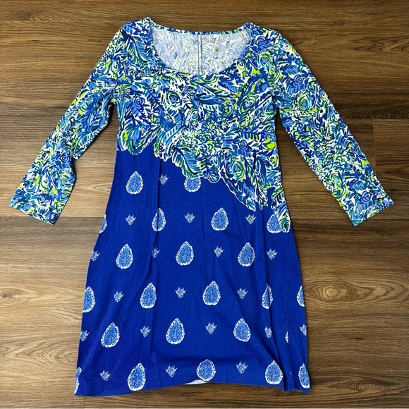 Lilly Pulitzer Beacon Dress Twilight Blue Show Down Green 3/4 Sleeve Small Mini - Picture 1 of 8